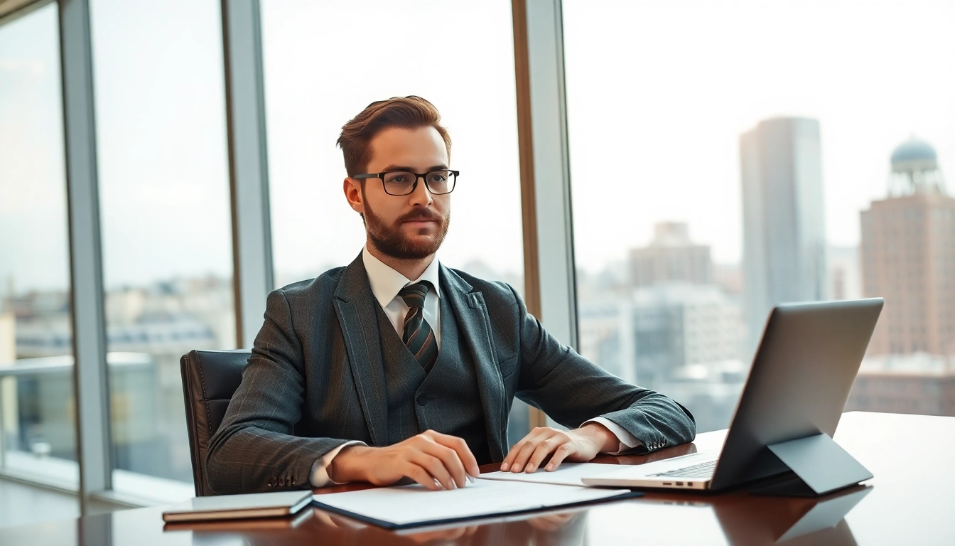 Headhunter berät Kunden in einem eleganten Büro mit Laptop und Notizen.