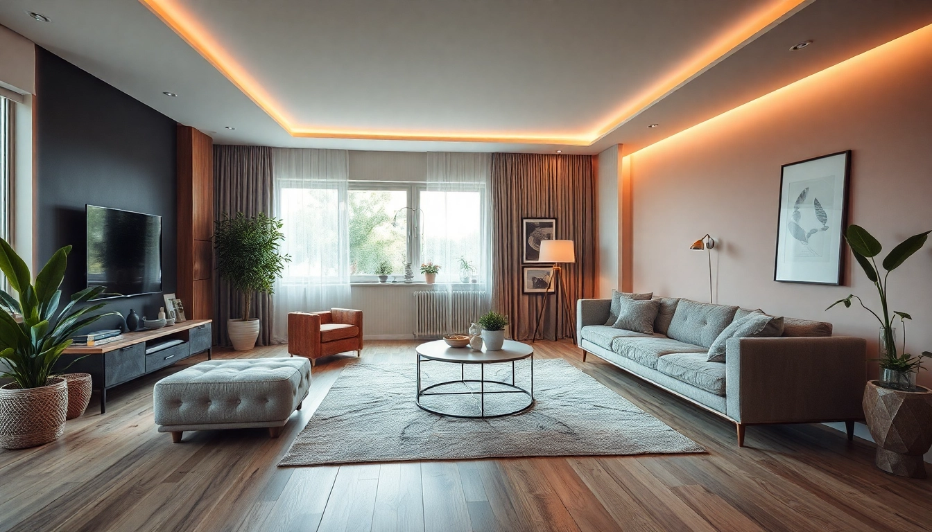 Raumgestaltung mit modernen Möbeln und sanften Farben.