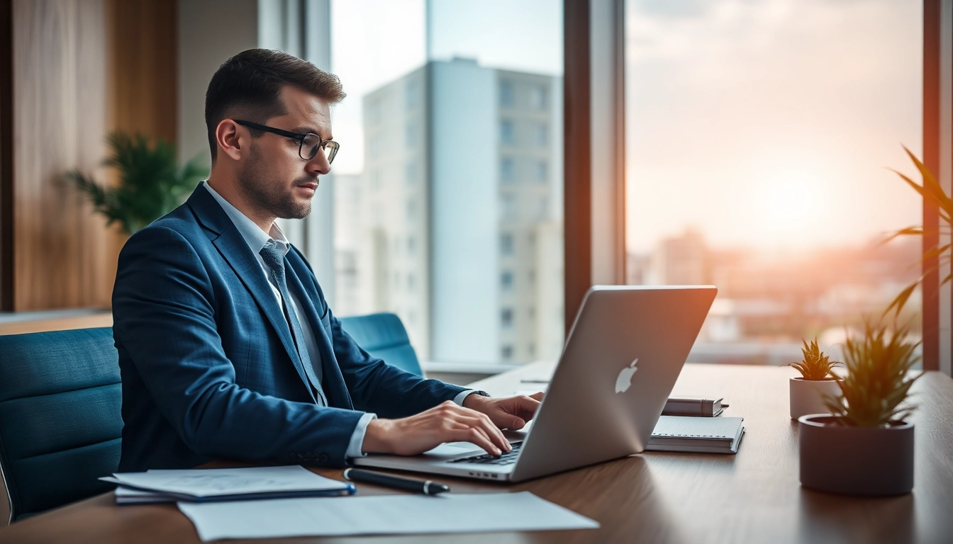 Headhunter Krefeld bei der Arbeit in einem modernen Büro, Laptop und Akten im Fokus.