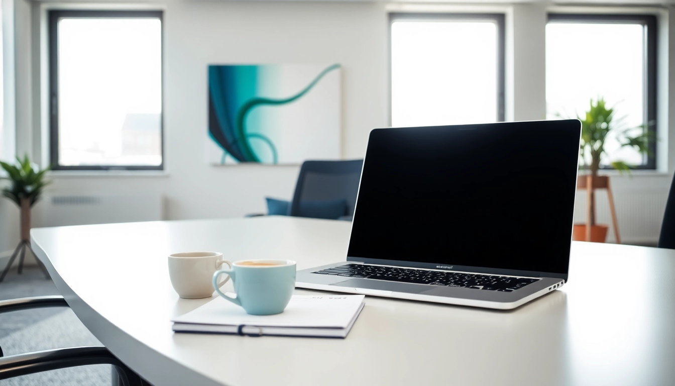 Headhunter Köln präsentiert modernen Büroarbeitsplatz mit Laptop und Kunst, symbolisiert Karrierewachstum.
