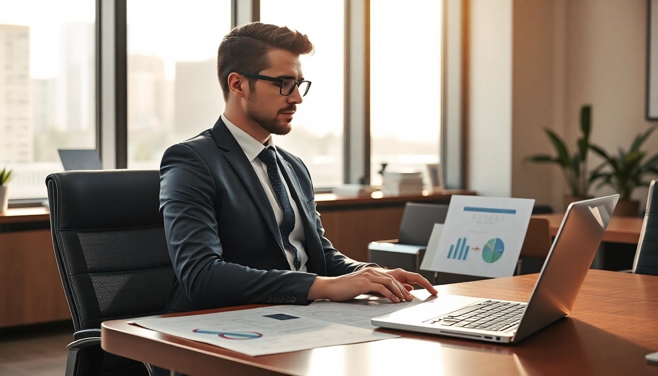 Headhunter Ingenieure, der in einem modernen Büro an einem Konferenztisch sitzt und technische Zeichnungen analysiert.