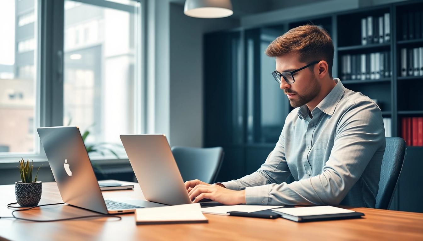 Headhunter arbeitet konzentriert am Laptop, um qualifizierte Kandidaten zu rekrutieren.