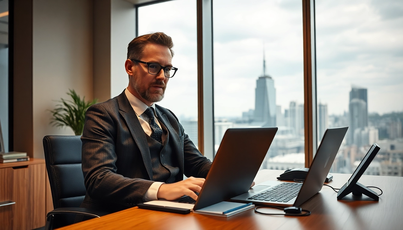 Headhunter Essen berät Klienten in einem modernen Büro mit Skyline Blick.