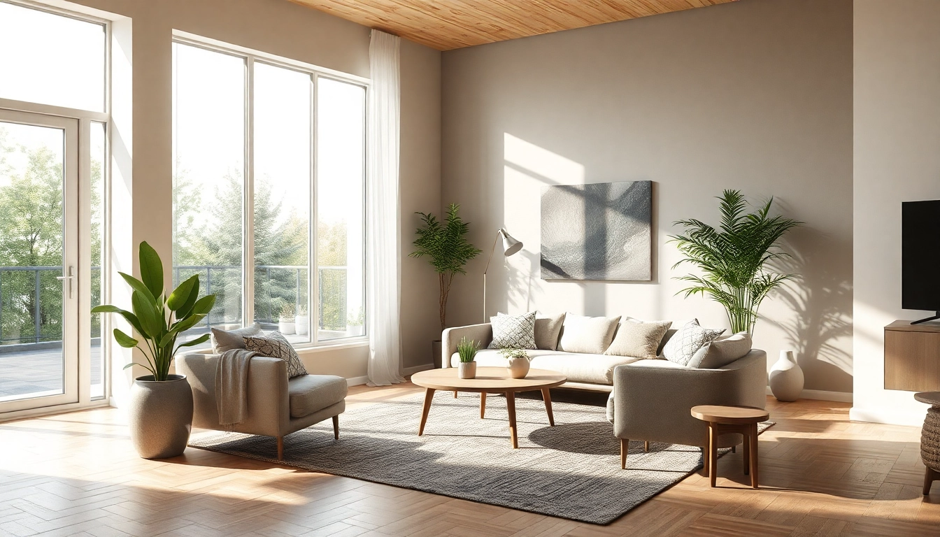 Inspirierende Raumgestaltung in einem modernen, minimalistischem Wohnraum mit natürlichem Licht und beruhigenden Erdtönen.