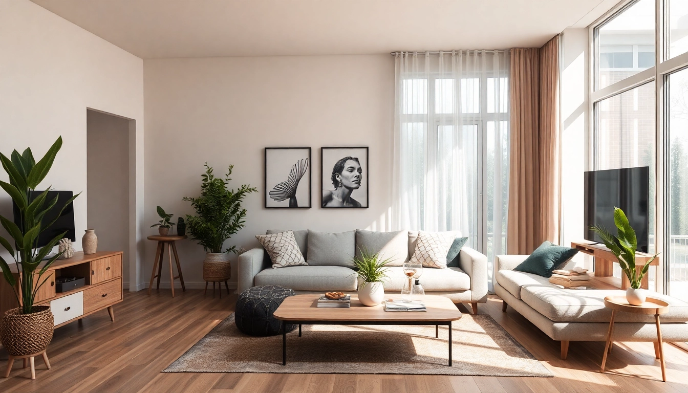 Das Bild zeigt eine kreative Raumgestaltung, die moderne Möbel, harmonische Farben und warme Lichtverhältnisse kombiniert, um eine einladende Atmosphäre zu schaffen.