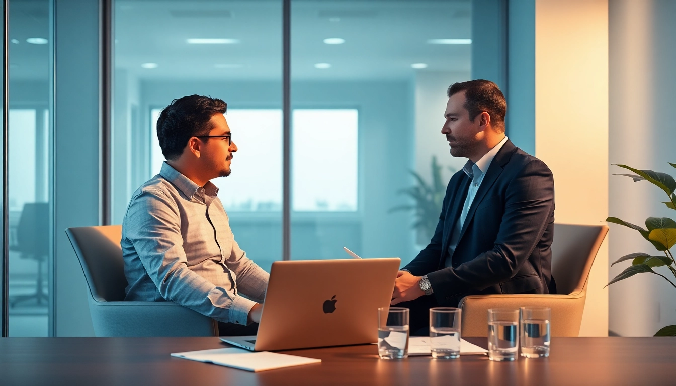 Headhunter München führt ein Gespräch mit einem Kandidaten in einem modernen Büro.