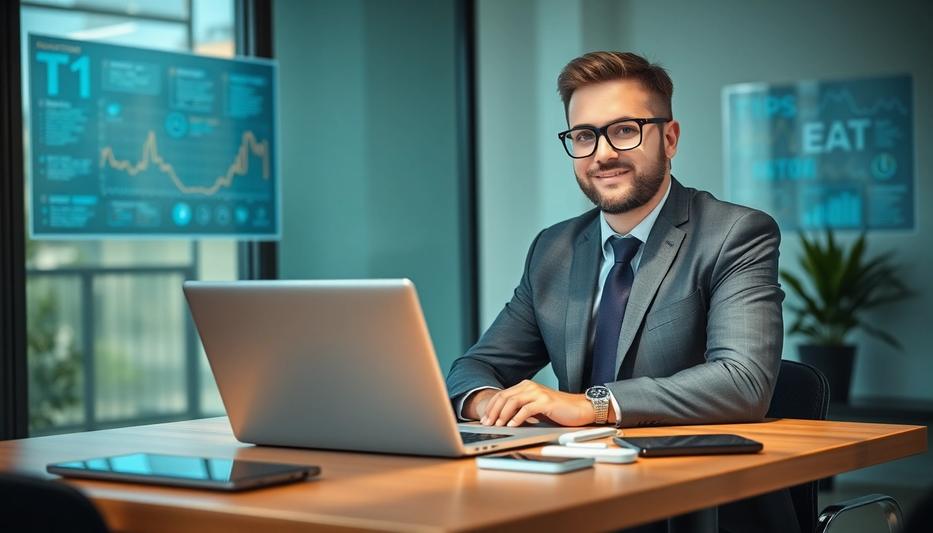 Headhunter IT im modernen Büro, professionell bei der Arbeit mit Laptop.