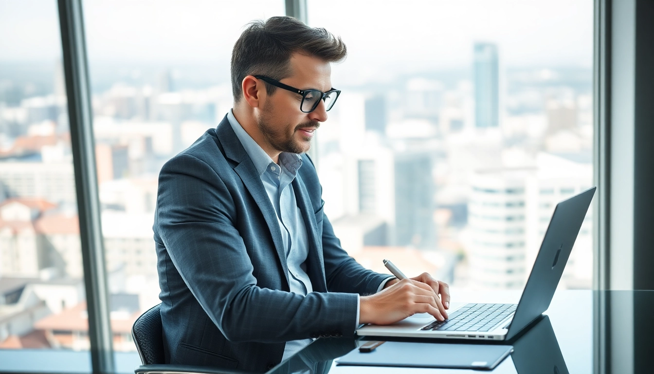 Headhunter IT bei der Arbeit in einem modernen Büro, Laptop und Notizen zur Hand.