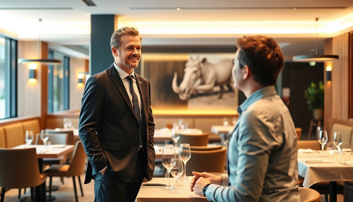 Headhunter Gastronomie im Gespräch mit Bewerber in modernem Restaurant.