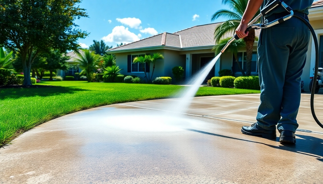 Driveway pressure wash in Kissimmee, showcasing professional cleaning equipment restoring concrete surfaces.