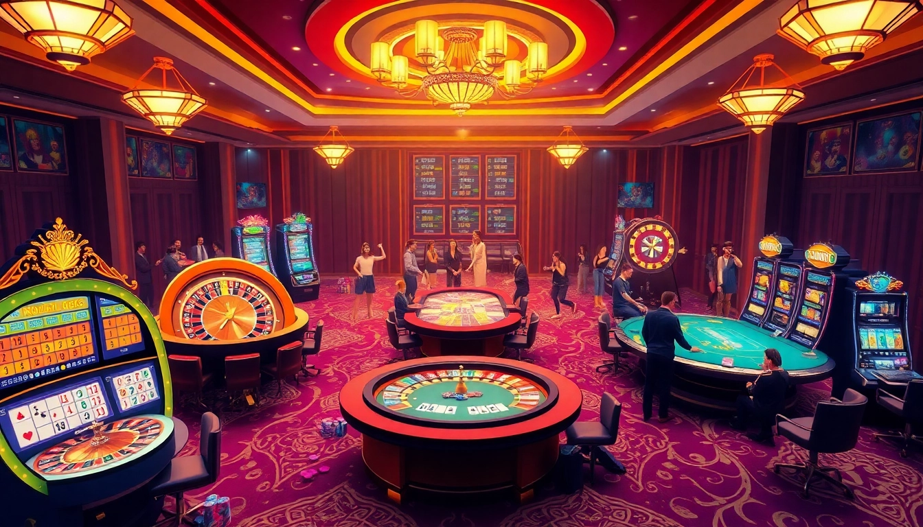 Experience the vibrant excitement of gambling at https://rr88wang.com/ with luxury casino visuals showcasing roulette wheels and slot machines.