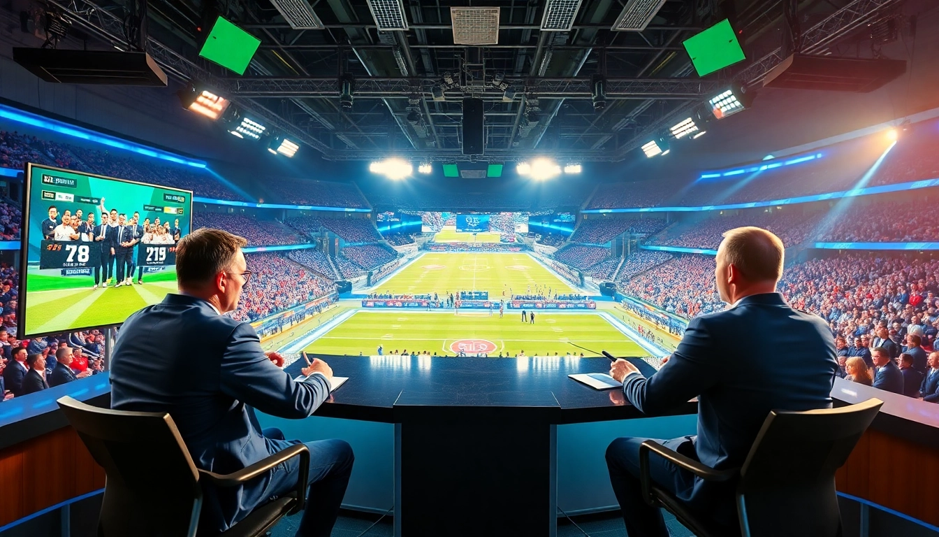 Engaging sports broadcasting studio discussing game highlights with vibrant atmosphere.