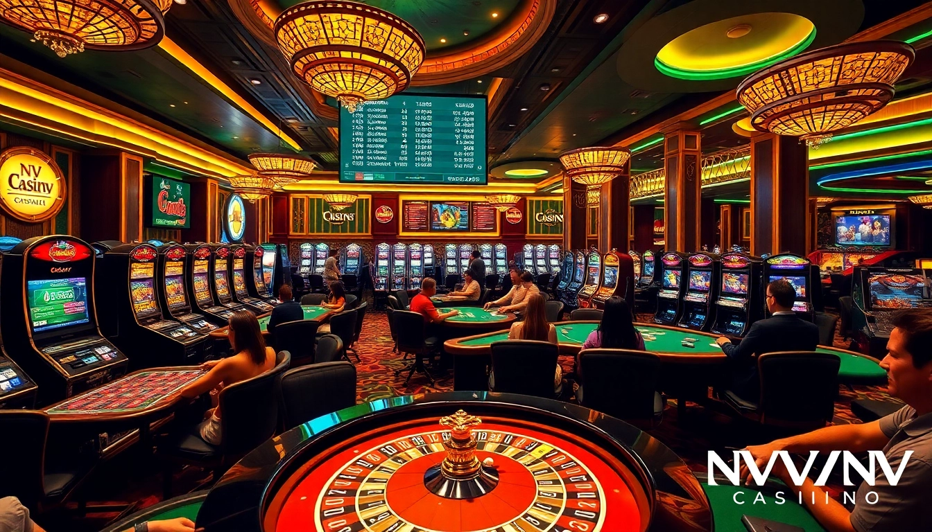 Players enjoying games at NV Casino with vibrant slot machines and a luxurious atmosphere.
