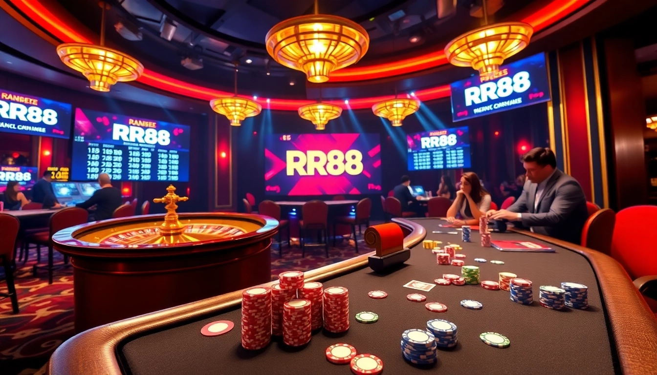 Players engaging in a thrilling poker game at RR88 casino, showcasing chips and cards.