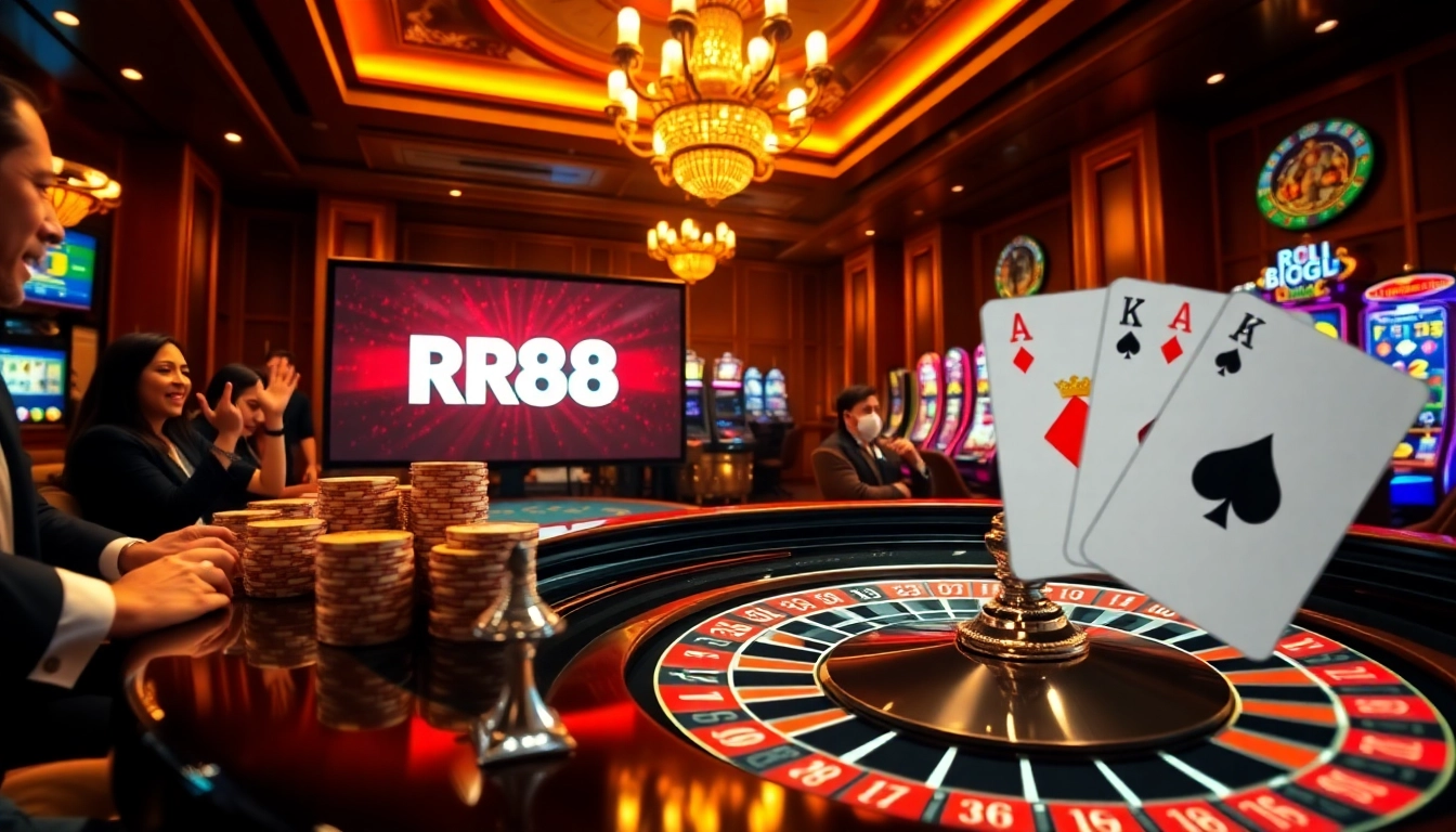 Exciting roulette action at RR88 casino featuring vibrant chips and cards.