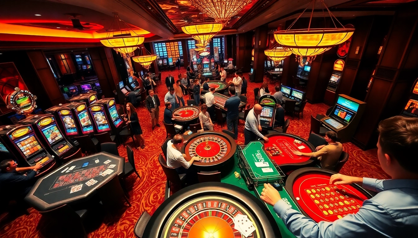Engaging casino scene highlighting players at qq88 co com, featuring roulette, poker, and lively atmosphere.