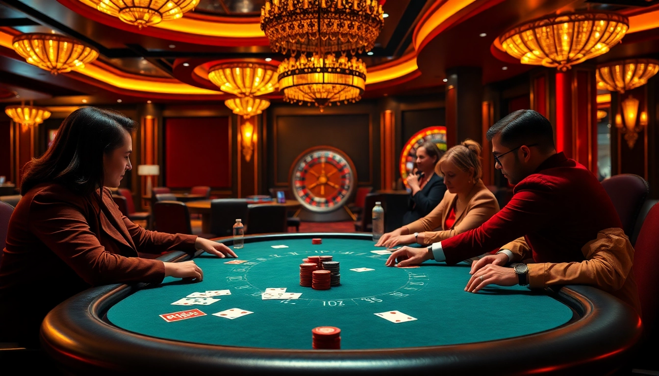 Intensive Poker-Action im NV Casino, stilvolle Spieler, Chips und Karten an einem lebhaften Spieltisch.