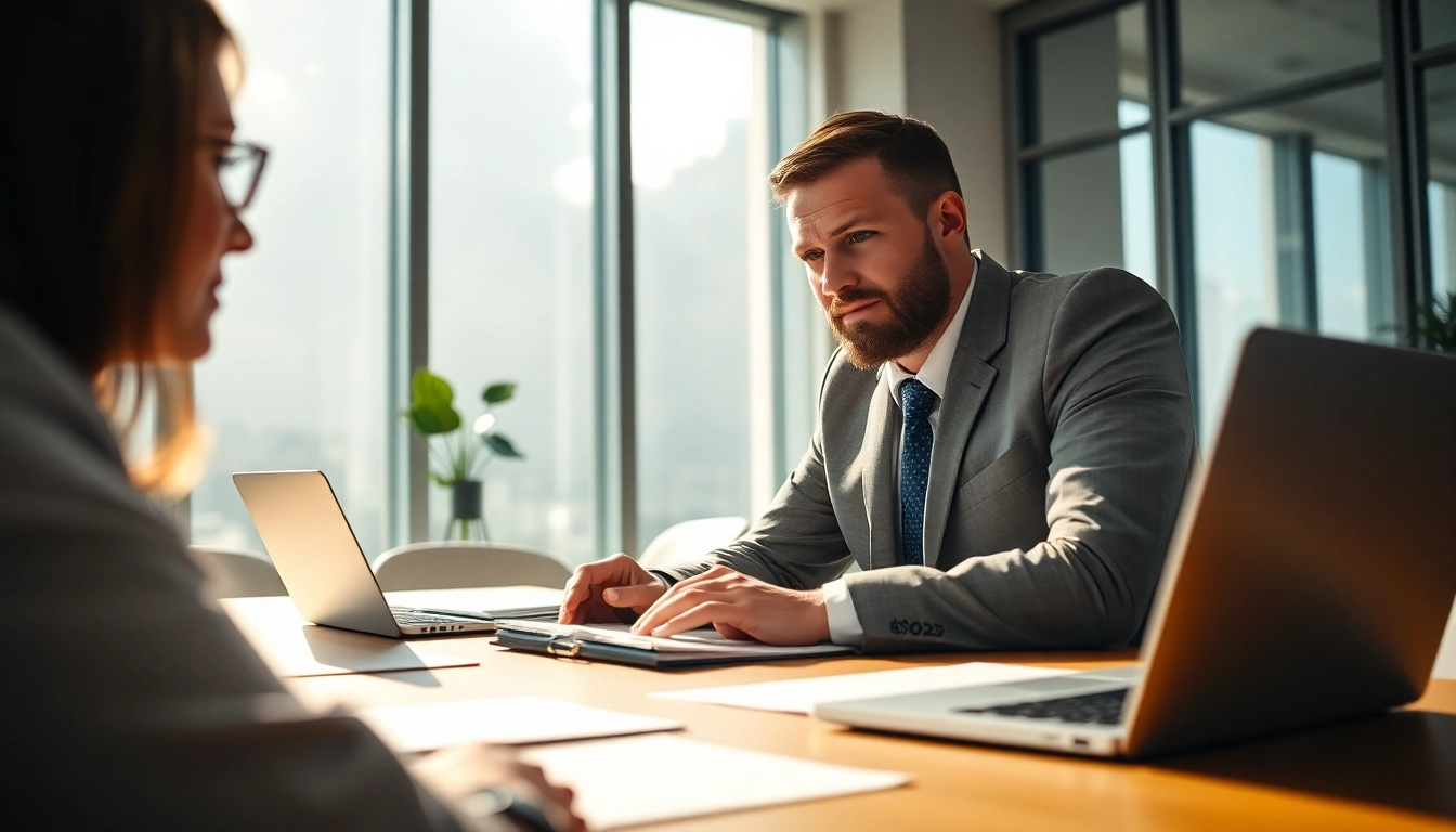 Headhunter Schweiz im Büro, engagiert mit Klienten und moderner Technologie.