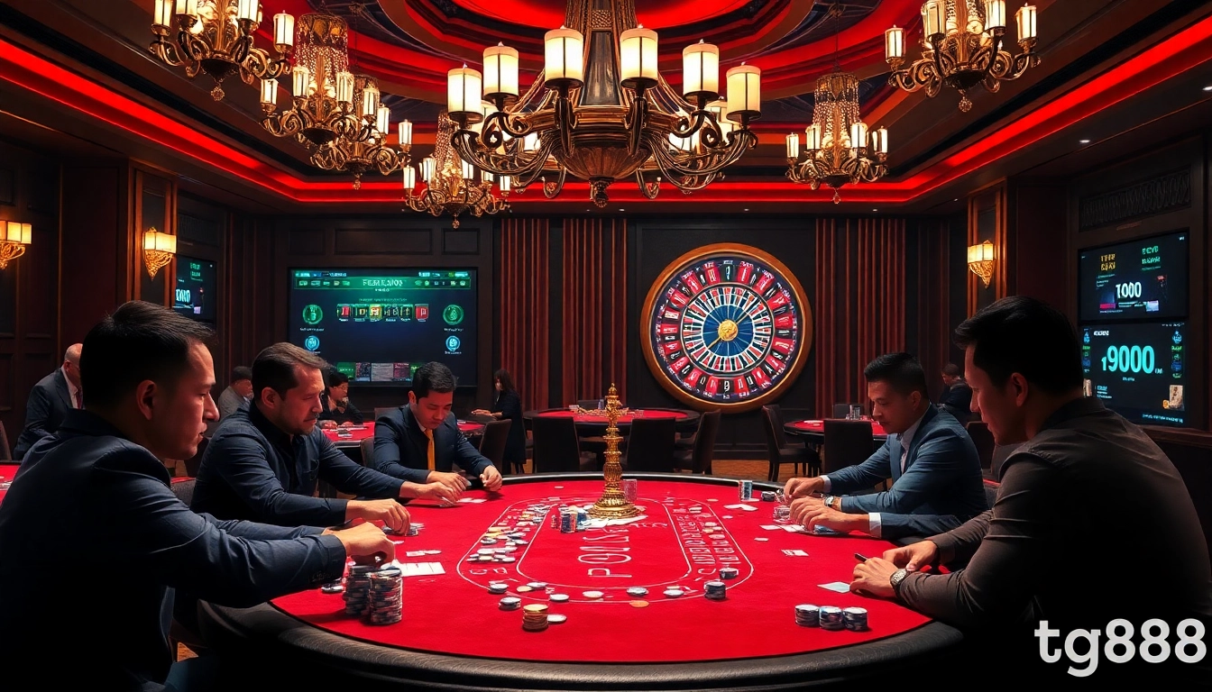 Players engaging in an intense game at TG88 casino table, surrounded by poker chips and an elegant atmosphere.