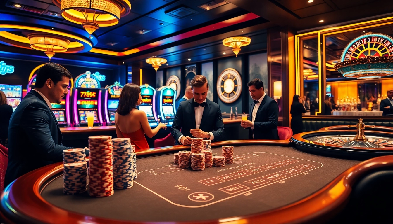 Engaged players enjoying high-stakes poker at 789f casino with vibrant slot machines.