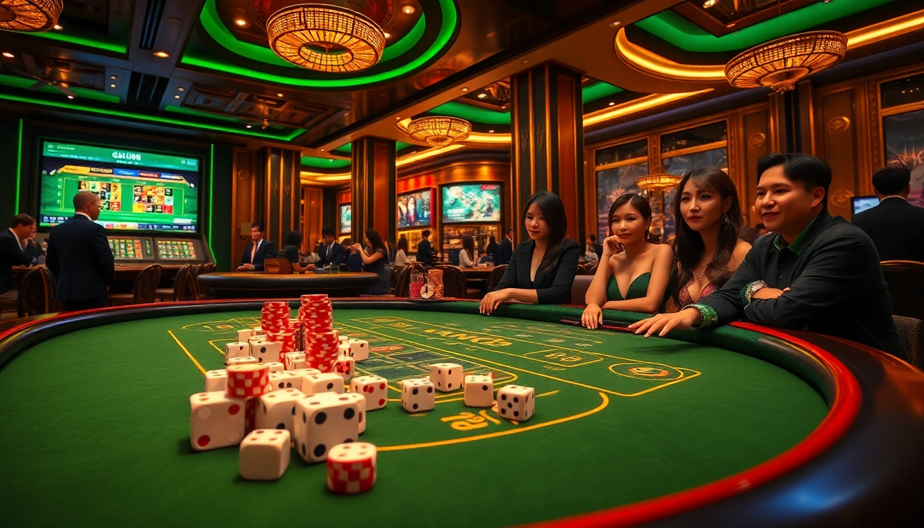 Tài xỉu md5 game table with vibrant action and luxurious atmosphere in a casino setting.