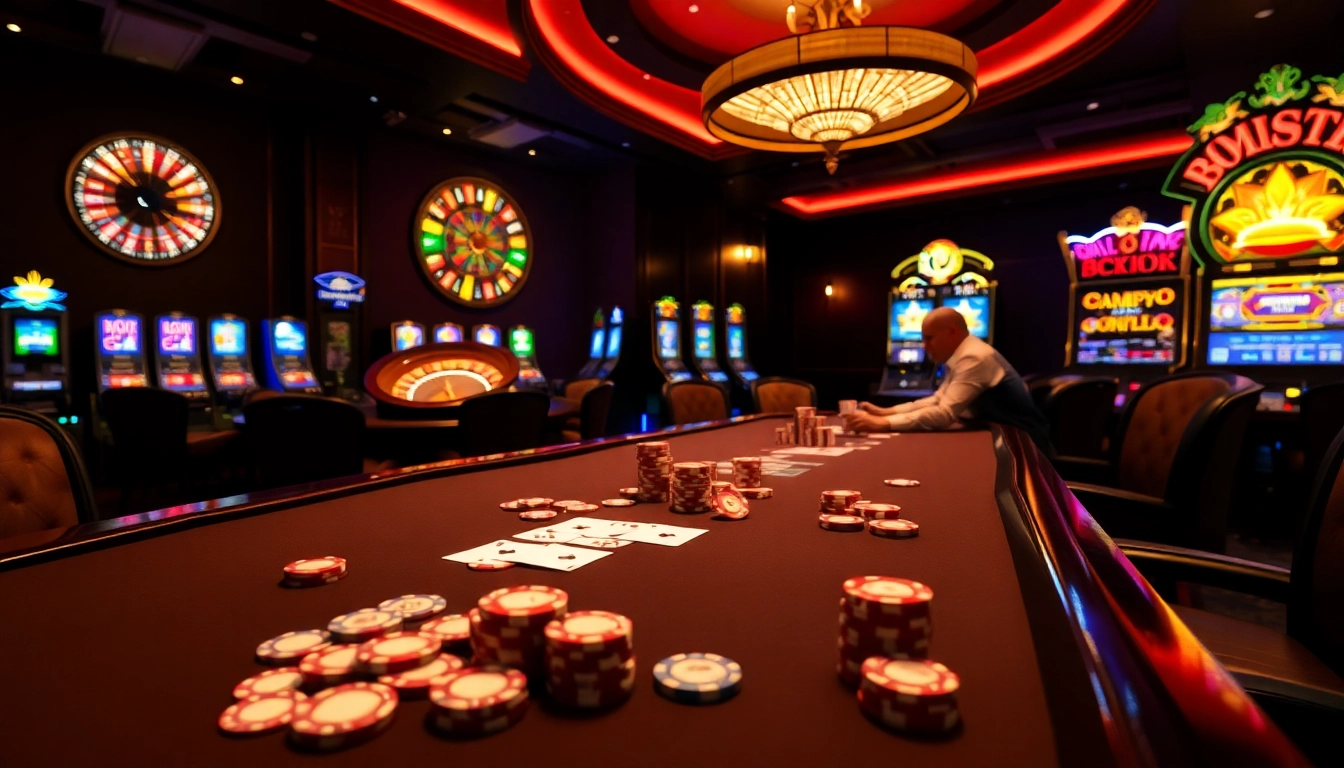 Luck8 casino scene featuring vibrant gaming tables and poker chips under ambient lighting.
