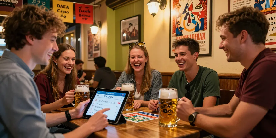 Begeisterte Freunde genießen ein Quiz Allgemeinwissen in einem lebhaften deutschen Pub.