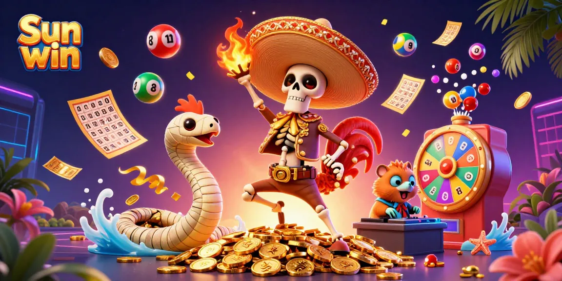 Experience the excitement of Sun win with a vibrant casino celebration featuring lively characters and golden rewards.