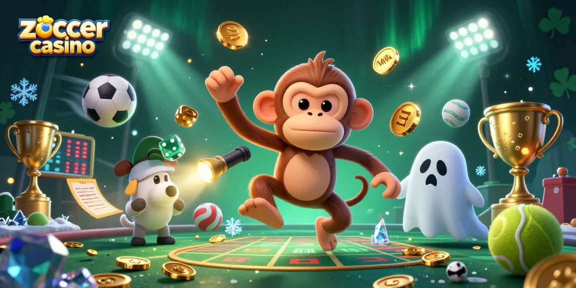 Engage with zoccer casino's spirited atmosphere featuring a playful ghost and puppy amidst dynamic sports elements.