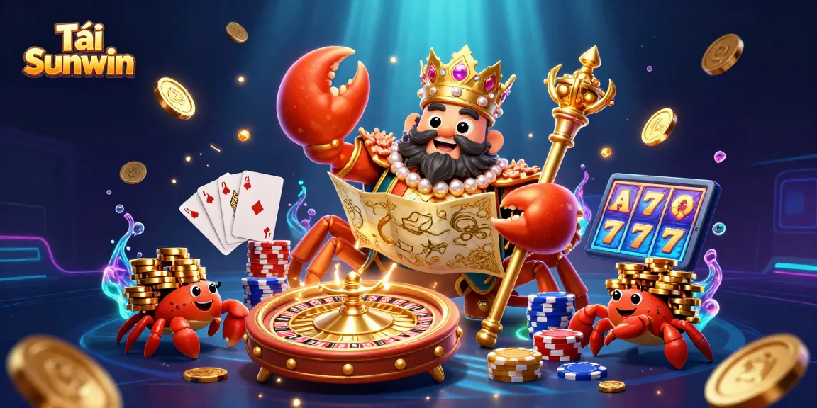 Tải Sunwin to enjoy thrilling online gambling with a vibrant 3D cartoon scene of a golden crab emperor and treasure elements.