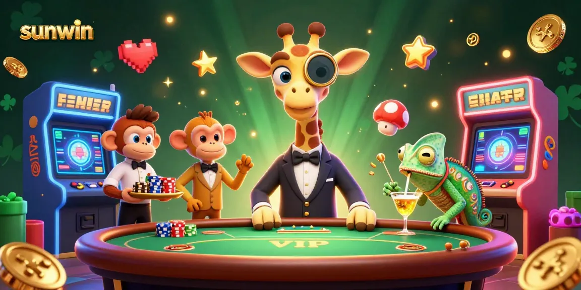 Experience the excitement of sunwin with a vibrant 3D casino scene featuring a high-roller giraffe and gaming elements.