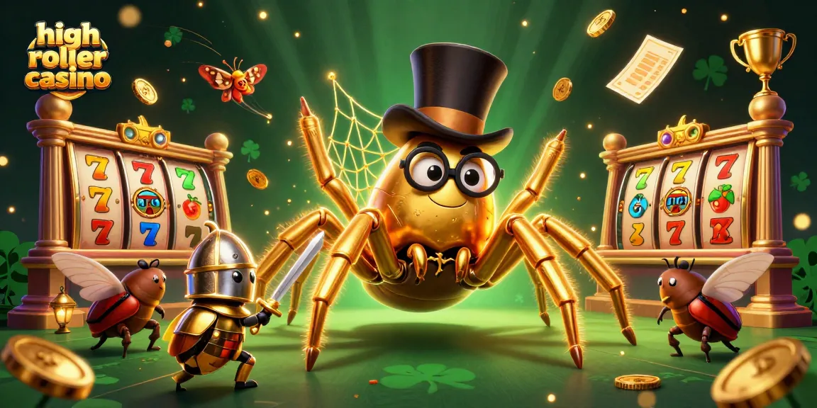 Experience high roller casino action with giant tarantula and beetle knight in a vivid scene.