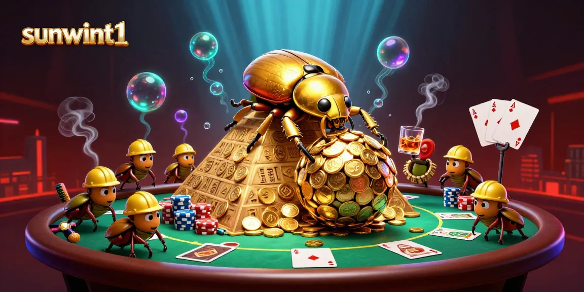 Experience stunning illustrations of sunwint1 with golden beetles and casino elements, showcasing vibrant gaming action.