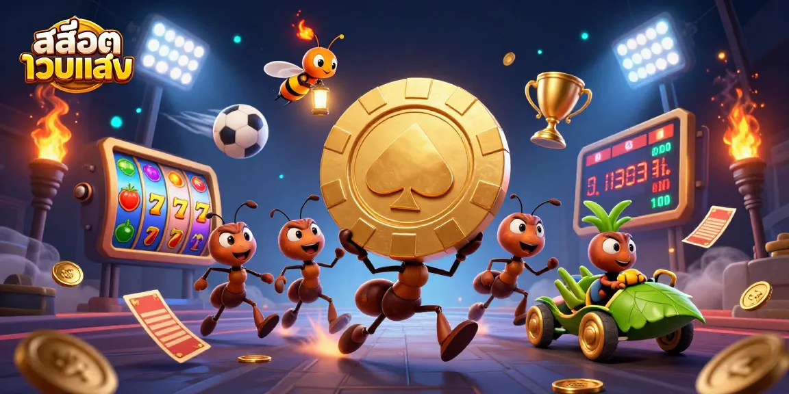 Experience excitement with สล็อตเว็บตรง as animated ants carry a giant golden chip in a vibrant casino heist scene.